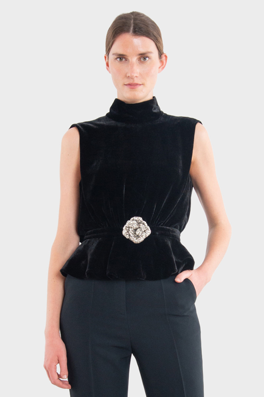 Fleur Velvet Top - Black/Crystal Rose