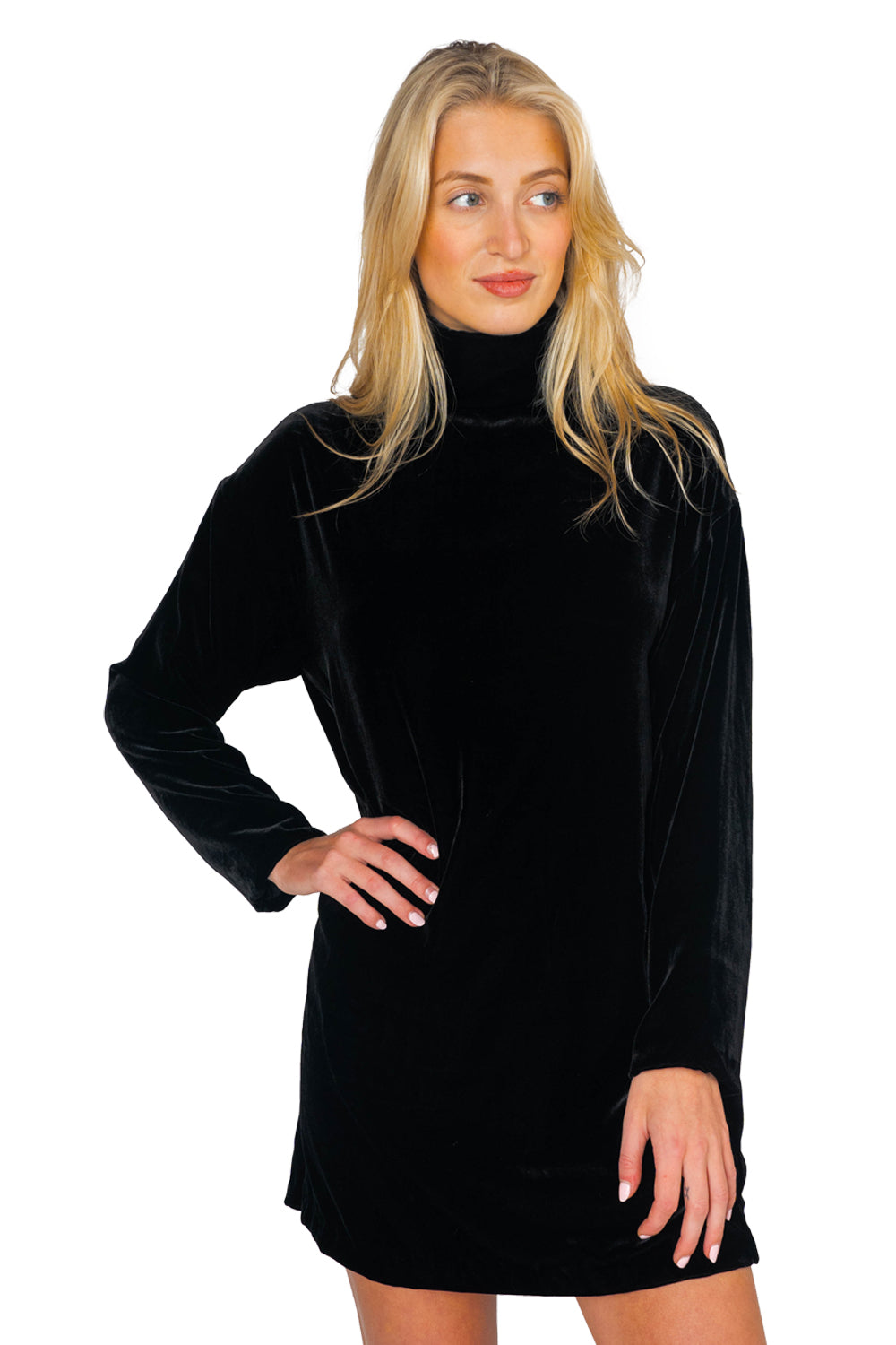 Edie Turtleneck Dress Black Silk Velvet Apothea