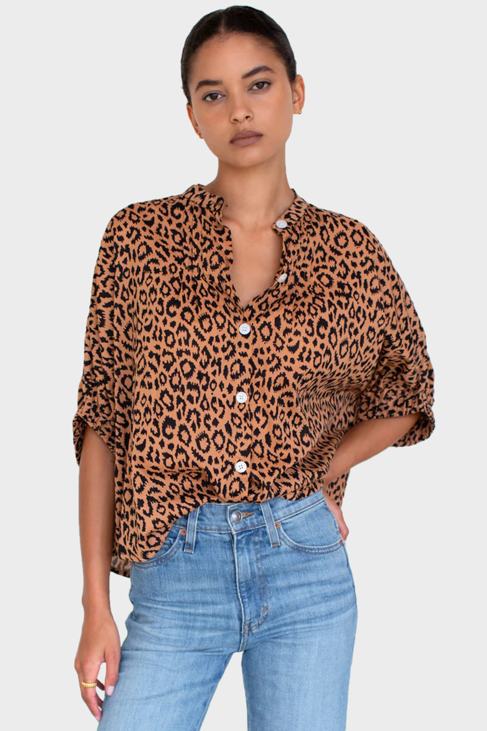 Mandarin Collar Top - Vintage Leopard Organic